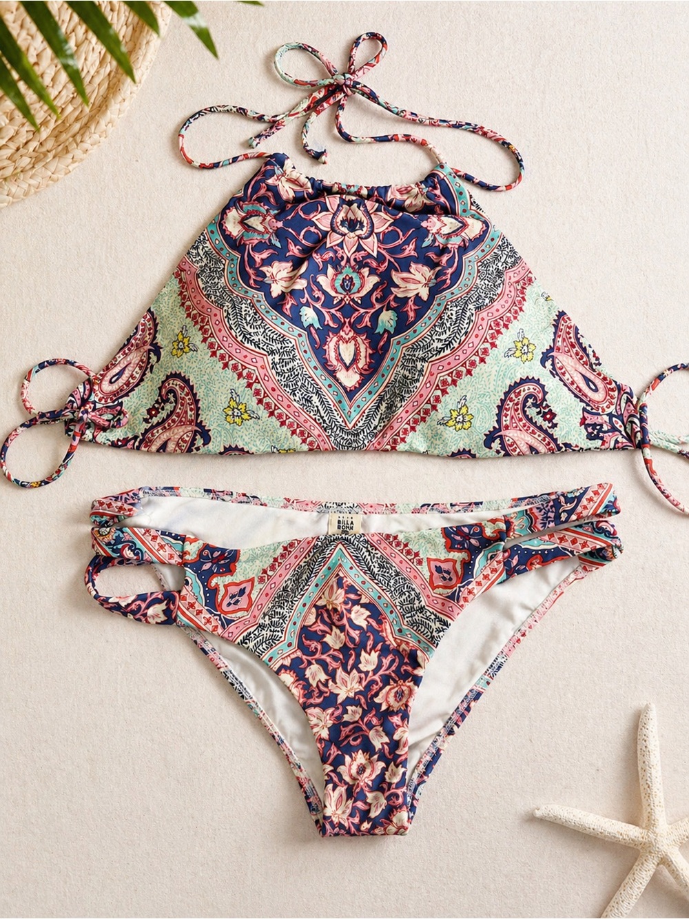 BILLABONG Unique Paisley Boho Bikini Set with Triangle Tie Top Size M EUC
